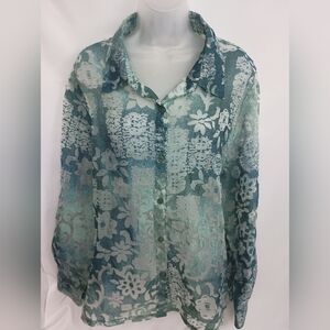 2/$30 Vintage GRAFF Artsy Patchwork Floral Sheer Button-Up Blouse (#507)‎